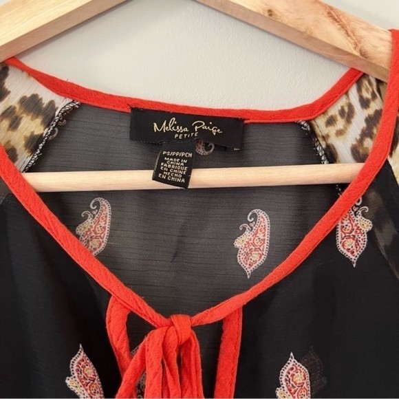 Melissa Paige Sheer Top Tie Neck Pom Pom Sleeve Sz Small Petite - Picture 2 of 8